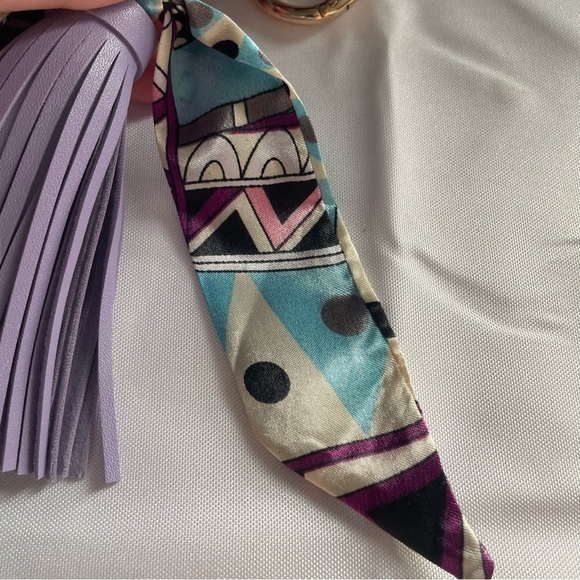 Classic Satin Scarf Tassel Faux Leather Key Chain Pendant Bag Charm Twilly - Picture 2 of 7